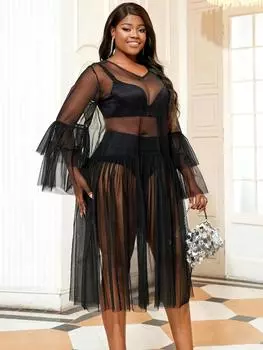 AOMEI черное тюлевое платье с v-образным вырезом и длинными расклешенными рукавами, сексуальные прозрачные повседневные сетчатые платья миди, большие размеры