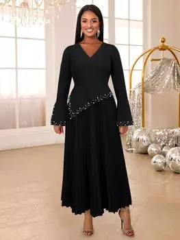 AOMEI черные длинные платья женские с V-образным вырезом, длинными расклешенными рукавами, в стиле ампир, с бисером, повседневные вечерние платья для мероприятий, плиссированные платья S чёрный