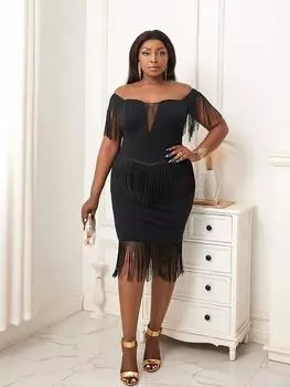 AOMEI, черные платья с кисточками, женские сексуальные облегающие вечерние платья с v-образным вырезом и открытыми плечами, вечерние наряды с бахромой по подолу S чёрный