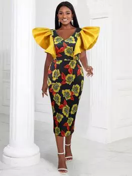 AOMEI черные платья с принтом для женщин с V-образным вырезом, желтые лоскутные платья без рукавов с бабочкой в стиле ампир, облегающие вечерние коктейльные платья с цветочным принтом, наряды