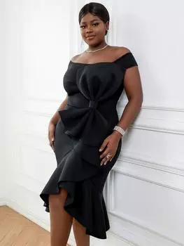 AOMEI Черные вечерние платья для женщин 2023 Bodycon с открытыми плечами Сексуальные платья с большим бантом и оборками длиной до колена Знаменитости День рождения Ужин Vestidos