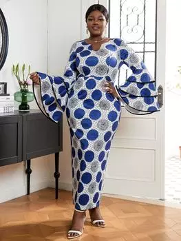 AOMEI Цветные блоки Макси-платья в горошек для женщин V-образным вырезом с расклешенными длинными рукавами Винтажный халат с высокой талией Элегантные шикарные вечерние церковные платья S синий