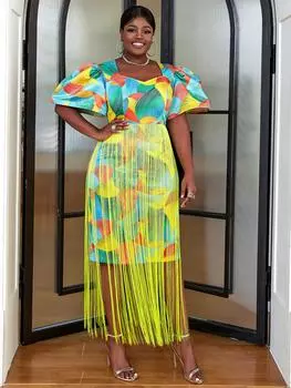 AOMEI Цветные платья с принтом для женщин с короткими рукавами-фонариками и высокой талией, винтажные длинные облегающие платья с кисточками по подолу для празднования дня рождения