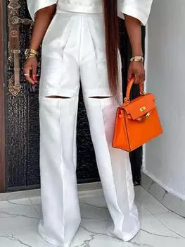 AOMEI Длинные брюки с высокой эластичной резинкой на талии, белые широкие полые офисные женские повседневные брюки для отдыха