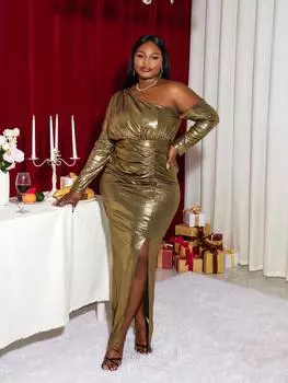 AOMEI Длинные платья для выпускного вечера для женщин Золотое элегантное нерегулярное платье с высокой талией и складками Облегающее вечернее платье с разрезом для свадебных мероприятий Позолоченное платье XXL золотой