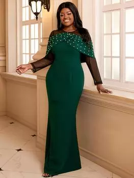 AOMEI Длинные платья для женщин, сетчатые лоскутные платья с бисером и длинными рукавами, русалка, новый день рождения, свадьба, гость, вечерние платья 1XL зелёный