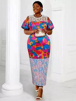 AOMEI Длинные платья с принтом для женщин, кружевные лоскутные платья больших размеров с короткими рукавами-фонариками, длиной до щиколотки, коктейльные вечерние платья на день рождения S розовый