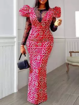 AOMEI Длинные вечерние платья с принтом для женщин, красные, черные кружевные лоскутные платья с круглым вырезом, прозрачные винтажные элегантные платья для торжеств в стиле ретро 2023 S красный