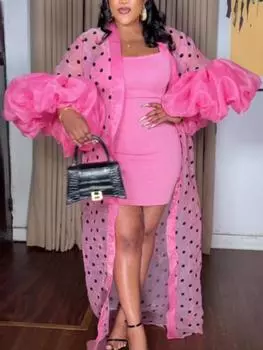 AOMEI Длинный кардиган с принтом для женщин, сетчатый тюль в горошек, прозрачные сексуальные прозрачные свободные повседневные платья с короткими рукавами-фонариками S ярко-розовый