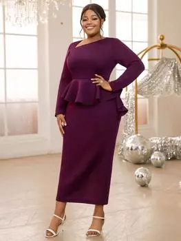 AOMEI Фиолетовые элегантные платья для женщин с косым воротником, длинными рукавами, баской, карандашом, облегающими платьями миди для вечеринок 0XL фиолетовый