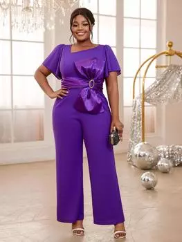 AOMEI Фиолетовый комбинезон для вечеринок с диагональным воротником и высокой талией с бантом, широкий, длинный, комбинезон для женщин S фиолетовый
