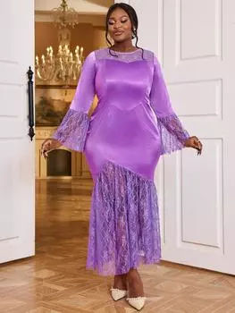 AOMEI Фиолетовые кружевные платья с длинными расклешенными рукавами и круглым вырезом, облегающие платья с юбкой-хвостом, вечерние наряды на день рождения и мероприятия S фиолетовый