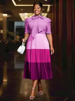 AOMEI Фиолетовые платья миди для женщин с воротником-стойкой, коротким рукавом, высокой талией, А-силуэта, плиссированное офисное повседневное платье S синий