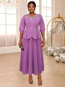 AOMEI Фиолетовые платья миди женские с круглым вырезом, бисером, рукавом до локтя, в стиле ампир, повседневные вечерние коктейльные плиссированные платья S фиолетовый
