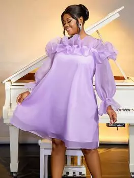 AOMEI Фиолетовые свободные платья с открытыми плечами на тонких бретельках, повседневная одежда с прозрачными рукавами и расклешенными рукавами S фиолетовый