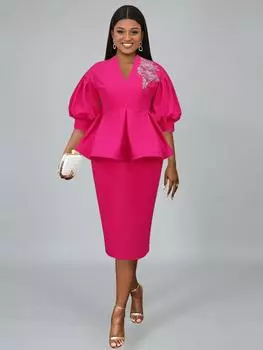AOMEI Фуксия Миди Платья V-образный вырез Половина рукава Высокая талия Баска Вечерние коктейльные платья больших размеров S ярко-розовый