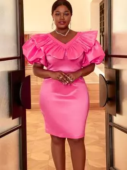 AOMEI Фуксия Мини-обтягивающие клубные платья с короткими рукавами-фонариками и V-образным вырезом Блестящие тонкие вечерние праздничные женские коктейльные платья S ярко-розовый