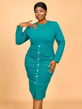 AOMEI Green Midi Dresses O Neck Cut Out Long Sleeve Drapped Bodcyon Evening Women Dress 0XL зелёный