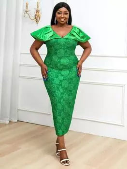 AOMEI Элегантные платья для женщин, зеленые жаккардовые платья с v-образным вырезом в стиле пэчворк и летящими рукавами, новинка 2023 года, женские вечерние вечерние платья