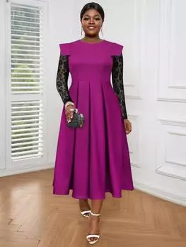 AOMEI Элегантные платья трапециевидной формы с длинными рукавами в стиле ретро для женщин, накидка с круглым вырезом, черные кружевные плиссированные вечерние платья фиолетового цвета со сборками 1XL фиолетовый