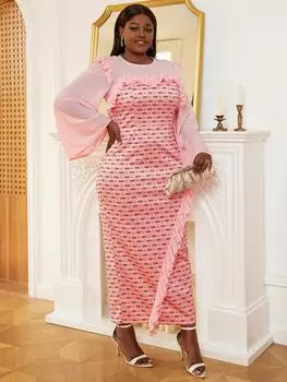 AOMEI Элегантные розовые платья для женщин Скромное длинное платье с длинными расклешенными рукавами и круглым вырезом с винтажным принтом для свадебного гостя, коктейльная вечеринка S розовый