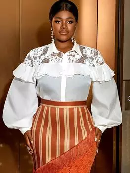 AOMEI Элегантные рубашки для женщин с отложным воротником, кружевные лоскутные топы с длинными рукавами-фонариками и оборками, прозрачные винтажные клубные вечерние сексуальные блузки для вечеринок S белый