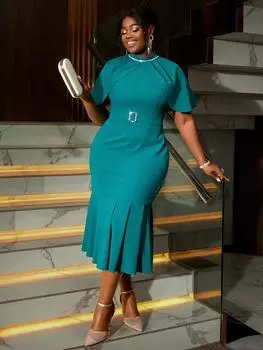 AOMEI Элегантные женские платья миди с круглым вырезом, бисерным рукавом-накидкой, облегающее платье-рыбий хвост для женщин S зелёный