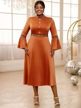 AOMEI Коричневые атласные платья женские с воротником-стойкой и длинными расклешенными рукавами в стиле ампир, вечернее коктейльное платье миди S коричневый