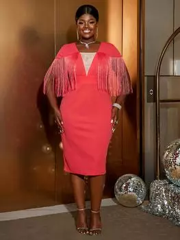 AOMEI Красная бахрома с кисточками Бальные платья для женщин Тюль с V-образным вырезом с короткими рукавами и бахромой Оболочка Империя Миди Вечерние платья Наряды Новые S красный