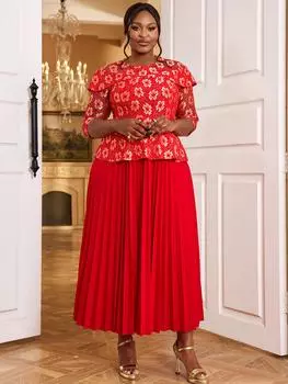 AOMEI Красное кружевное плиссированное платье для женщин с круглым вырезом и рукавом до щиколотки, высокая талия, вечернее коктейльное платье для мероприятий S красный