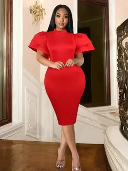 AOMEI красные облегающие платья для женщин с круглым вырезом, коротким рукавом и высокой талией, элегантные женские вечерние наряды миди для дня рождения S красный