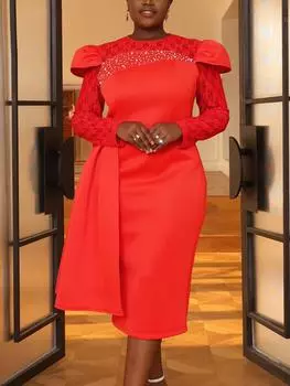 AOMEI Красные платья-футляры для женщин Кружева с круглым вырезом с длинным рукавом и вышитыми расклешенными оборками с высокой талией до середины икры Летние элегантные вечерние платья больших размеров S красный