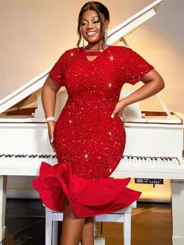 AOMEI Красные платья с пайетками с коротким рукавом, вырезом и V-образным вырезом, облегающие, для вечерних банкетов, женские наряды 1XL зелёный