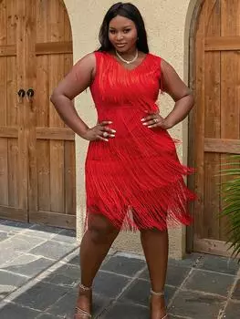 AOMEI красные платья с кисточками и подолом, V-образный вырез, без рукавов, облегающие платья с многослойной бахромой, коктейльные платья, наряды больших размеров S красный