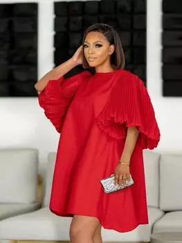 AOMEI красные свободные платья для женщин с круглым вырезом и фонариком, пуловер с короткими рукавами, офисные женские повседневные блестящие платья большого размера до колена S красный