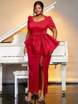 AOMEI красные вечерние платья с v-образным вырезом и коротким рукавом, высокой талией и бантом, облегающее вечернее длинное платье с разрезом для женщин S красный