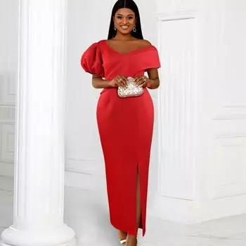 AOMEI Темно-красные формальные платья Вечернее платье Элегантные женские С открытыми плечами V-образный вырез Пышный рукав Разрез Неправильный длинный Vestidos Классный наряд для празднования XXL белый