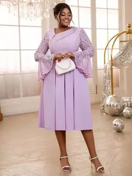 AOMEI Лавандовое кружевное платье в стиле пэчворк для женщин с косым воротником, расклешенным длинным рукавом, высокой талией, А-силуэта, бальные платья L лавандовый