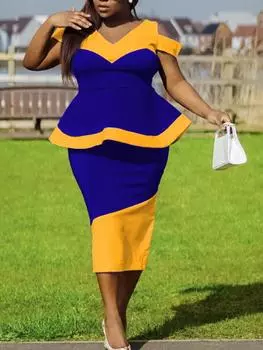 AOMEI лоскутное платье облегающее вечерние с открытыми плечами цветных блоков женское платье с баской с коротким рукавом и v-образным вырезом элегантное африканское летнее офисное платье больших размеров S чёрный