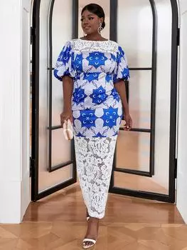 AOMEI Лоскутные кружевные платья для женщин Синие пышные платья с короткими рукавами и облегающим карандашом для празднования стильных вечерних платьев длиной до щиколотки