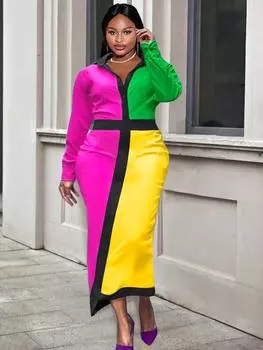 AOMEI лоскутные платья для женщин с длинным рукавом и розовым отложным воротником офисные женские уличные вечерние платья для мероприятий S ярко-розовый