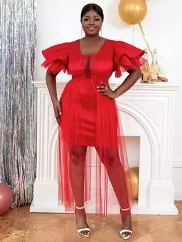 AOMEI марлевые лоскутные платья для женщин, красные, с глубоким V-образным вырезом и многослойными рукавами-бабочками, пакет, хип-клубная одежда, сексуальное облегающее вечернее платье S красный