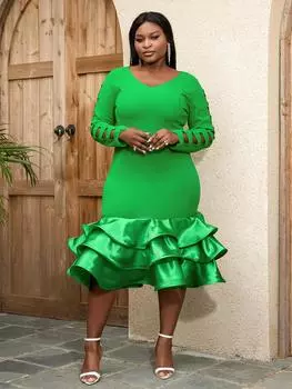 AOMEI Макси-зеленые вечерние платья для женщин, облегающее платье русалки с длинными рукавами и вырезами, многоуровневое платье с рюшами, скромное официальное платье, новинка весны 2023 г.