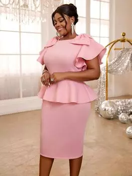 AOMEI миди вечерние платья для женщин розовые с О-образным вырезом короткие оборки высокая талия баска вечерние коктейльные платья для мероприятий S розовый