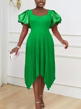 AOMEI миди платья трапециевидной формы для женщин с милым вырезом и пышными рукавами, нерегулярные плиссированные подол, расклешенные элегантные наряды для вечеринки, дня рождения, церкви S зелёный