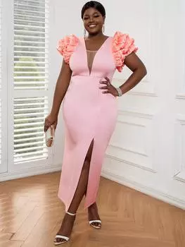 AOMEI Модные розовые платья для женщин 2023 Элегантные вечерние сетчатые платья макси с V-образным вырезом и короткими многоярусными пышными рукавами Тонкие платья для выпускного вечера