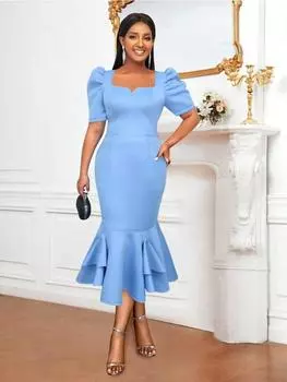 AOMEI небесно-голубое платье «рыбий хвост» для женщин с коротким рукавом и высокой талией, облегающее вечернее платье миди