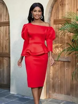 AOMEI Облегающие платья Красные нерегулярные рукава-фонарики с высокой талией и оборками Пакет длиной до колена Коктейльный наряд для женщин S красный