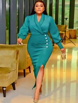 AOMEI облегающие платья с v-образным вырезом, длинными рукавами и высокой талией, плиссированные вечерние платья с разрезом, пакет, модные наряды для мероприятий для женщин 1XL зелёный