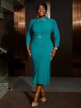 AOMEI Офисные платья миди с отложным воротником, длинным рукавом, высокой талией, облегающим бедра, вечернее платье-рыбий хвост S зелёный